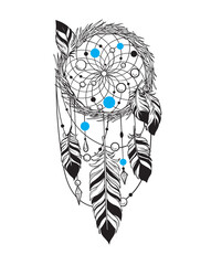 Vector illustration in graphic style of dreamcatcher with beads and feathers