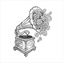 Vector illustration in graphic style of vintage record player with record and gramophone from where music flies out in flowers