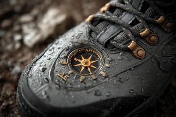 A compass integrated into a hiking boot sole