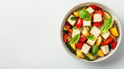 Colorful quinoa salad with fresh vegetables and tofu in a modern bowl on light background