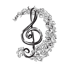Vector illustration of a treble clef with notes on a background of a floral swirling ornament