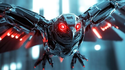 Fototapeta premium A futuristic robot eagle with glowing red cyber eyes, high-speed metallic wings, background wallpaper AI generated image
