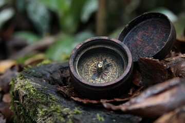 A compass nestled inside a geocaching treasure