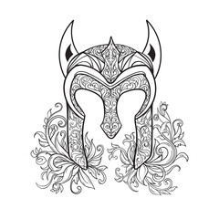 Vector graphic illustration of engraved helmet with floral ornaments