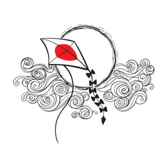 Kite against the background of twisted clouds, sky and sun. Line art, graphic style