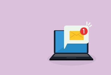 Laptop with e mail. Email notification sign, business concept