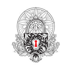 Door heavy lock with patterns as a symbol of security and reliability. Vector illustration in line art style