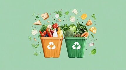 flat vector illustration of zero waste food system, arrows showing organic material flow from kitchen to compost to energy generator, clean green background, minimalist design for educational content