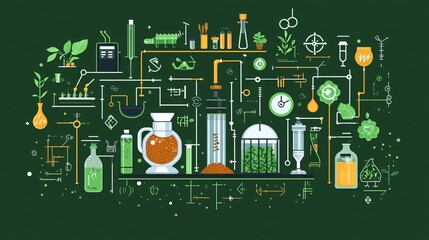flat vector illustration of zero waste food system, arrows showing organic material flow from kitchen to compost to energy generator, clean green background, minimalist design for educational content