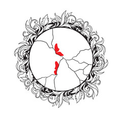 Graphic illustration of a broken mirror in patterns. Line art