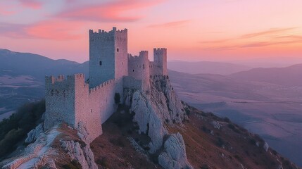 Majestic medieval castle atop a rocky hill at sunrise