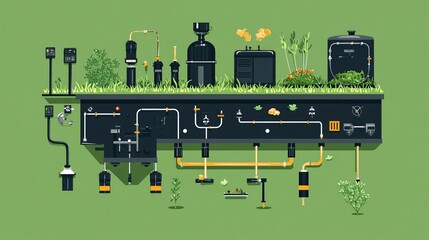 flat vector illustration of zero waste food system, arrows showing organic material flow from kitchen to compost to energy generator, clean green background, minimalist design for educational content