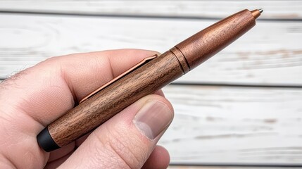 Naklejka premium Elegant copper pen in hand with natural wood finish against rustic wooden background