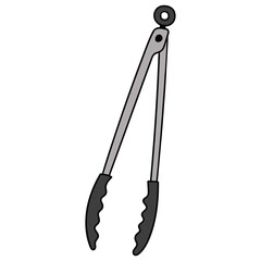 Hand drawn cartoon kitchen tongs on white background.