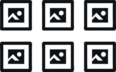 A grid layout of nine identical image icons, each framed in a simple square and featuring a mountain silhouette and a small circle representing the sun or moon.