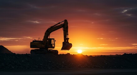 Excavator silhouette against fiery sunset sky