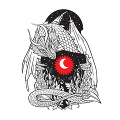 Fairytale illustration of a dragon with a count, a moon and stars. Graphics, line art