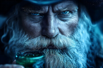 Intense gaze of a wizened man with a long, white beard holding a small green glass in a dramatically lit scene