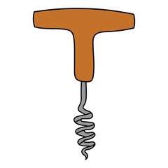 Hand drawn cartoon wooden corkscrew on white background.