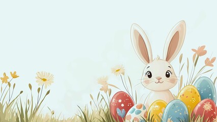 Obraz premium A cheerful Easter Bunny surrounded by colorful Easter eggs in a grassy field with some flowers. The bunny is smiling with its long ears pointing upwards