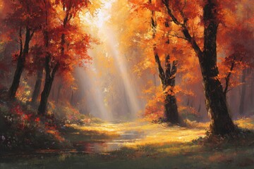A fairy-tale grove with amber leaf rain, golden shafts of sunlight, and crimson highlights