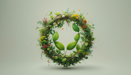 Circular eco friendly design featuring green leaves and vibrant flowers, symbolizing nature and sustainability
