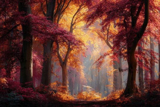 A fairy-tale grove with amber leaf rain, golden shafts of sunlight, and crimson highlights