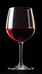 A glass of red wine with a long stem against a dark background in a studio setting shot
