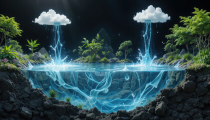 Floating visualization of water cycle in eco system, showcasing vibrant plants and flowing water, evokes sense of harmony and nature beauty