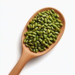 Mung beans in wooden spoon on white background