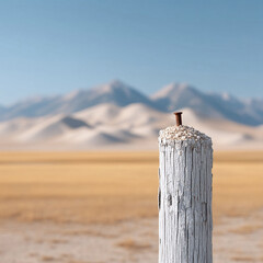 Fototapeta premium Weathered post stands against a vast, arid landscape and distant mountains. Serene, isolated, and evokes a sense of time and place. Great for travel, nature, or abstract concepts.