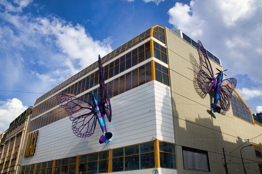 The new project "Butterfly Effect" by renowned artist David Čern&yacute; or Cerny installed on landmark "M&aacute;j or Maj" department store, N&aacute;rodn&iacute; tř&iacute;da. Prague, Czech Republic - 05.23.2024