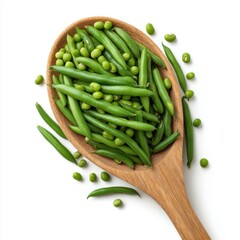 Fresh green beans and peas in wooden spoon