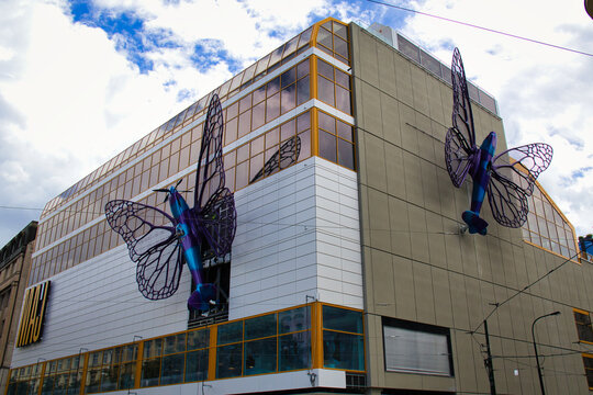 The new project "Butterfly Effect" by renowned artist David Čern&yacute; or Cerny installed on landmark "M&aacute;j or Maj" department store, N&aacute;rodn&iacute; tř&iacute;da. Prague, Czech Republic - 05.23.2024