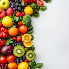 Colorful Fresh Fruits and Vegetables on White Background Healthy Food Border Design