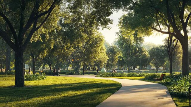 A path in a park with trees and grass. The path is shaded by the trees and the grass is green