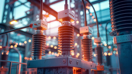 A close-up industrial photograph of high-voltage electrical insulators in a power substation.
