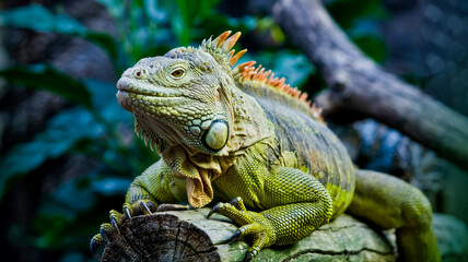 Fototapeta premium A close-up photograph of a green iguana resting on a weathered wooden log.