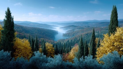 Autumn Valley Landscape Misty River and Golden Trees