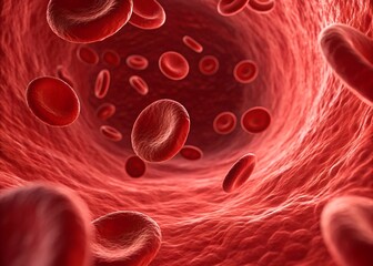 Red blood cells flowing in bloodstream microscopic view close up medical illustration.