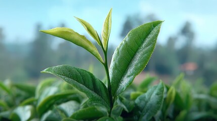 Close Up of Dew Covered Green Tea Plant in Plantation