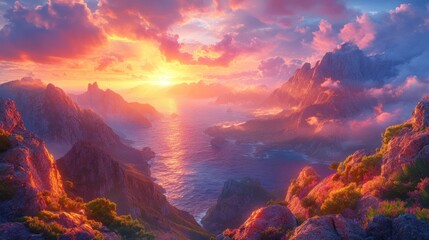 Majestic sunset over mountains and sea