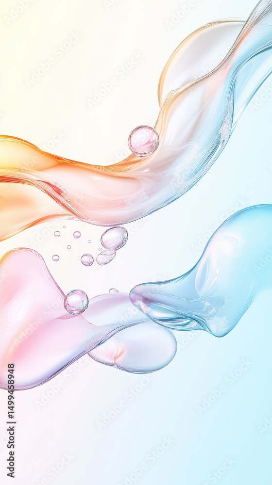 Poster Fluid shapes flowing with transparent bubbles on bright gradient backdrop. Liquid forms of color with gentle movement. Abstract forms of water with air.