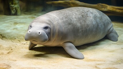 Manatee resting on sandy ocean floor in shallow underwater scene