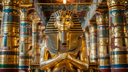 Obraz premium A detailed photograph of an ancient Egyptian golden pharaoh statue seated in a grand temple interior.