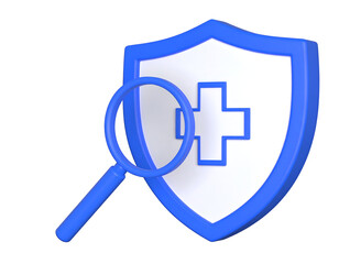 Obraz premium 3D render of a magnifying glass examining a medical shield