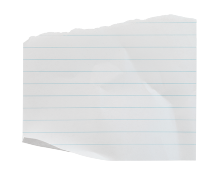 Crumpled sheet of notepad paper, isolated on transparent background. Office blank paper concept
