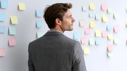 Man in a gray jacket is looking at a wall covered in colorful sticky notes. The notes are arranged in various shapes and sizes, and they seem to be related to a project or task