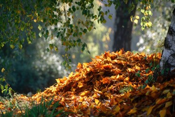 A sunlit pile of orange leaves near a silver birch, dancing foliage overhead