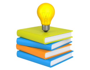 A bright light bulb rests atop a stack of colorful books, symbolizing knowledge and illumination